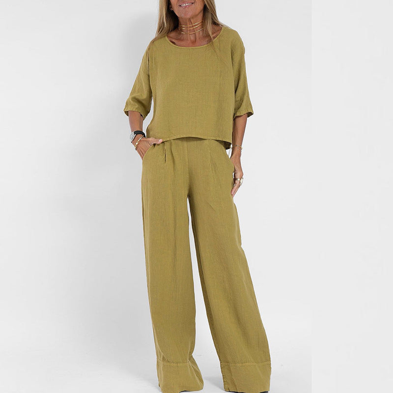 Casual Summer Short Sleeve Top and Loose Fit Pants Set - Nocini