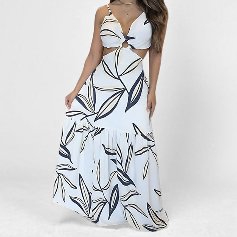 Flowy Maxi Dress with Halter Neck and Cut Out Waist - Nocini