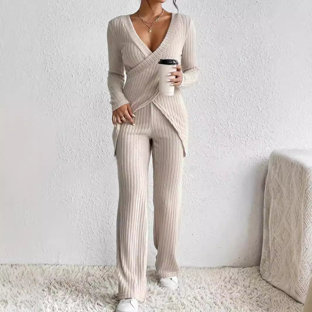 Soft Ribbed Women's Top and Wide Leg Pants Set - Nocini