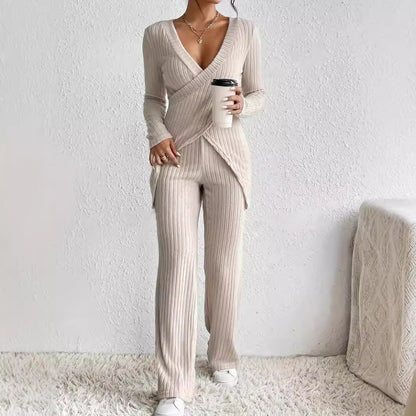Soft Ribbed Women's Top and Wide Leg Pants Set - Nocini