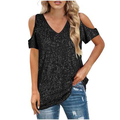Casual V Neck Short Sleeve Sequin Women's Top