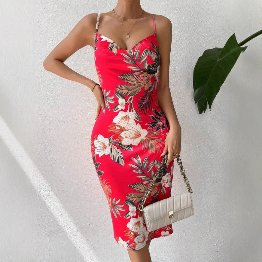Women's Floral Midi Dress with Thin Straps and Side Slit