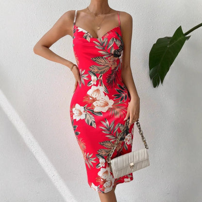 Women's Floral Midi Dress with Thin Straps and Side Slit