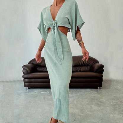 Women's Long V Neck Sleeveless Waist Cutout Dress