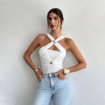 Women's Fit Halter Crop Top with Metallic Accent