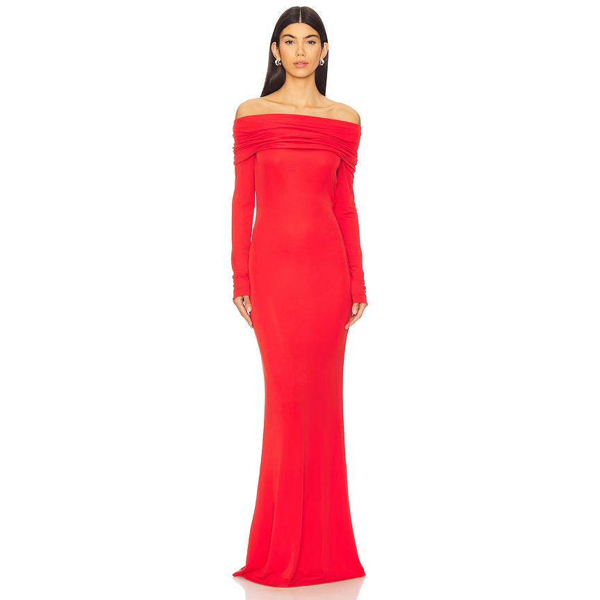 Elegant Off Shoulder Satin Evening Gown - Nocini