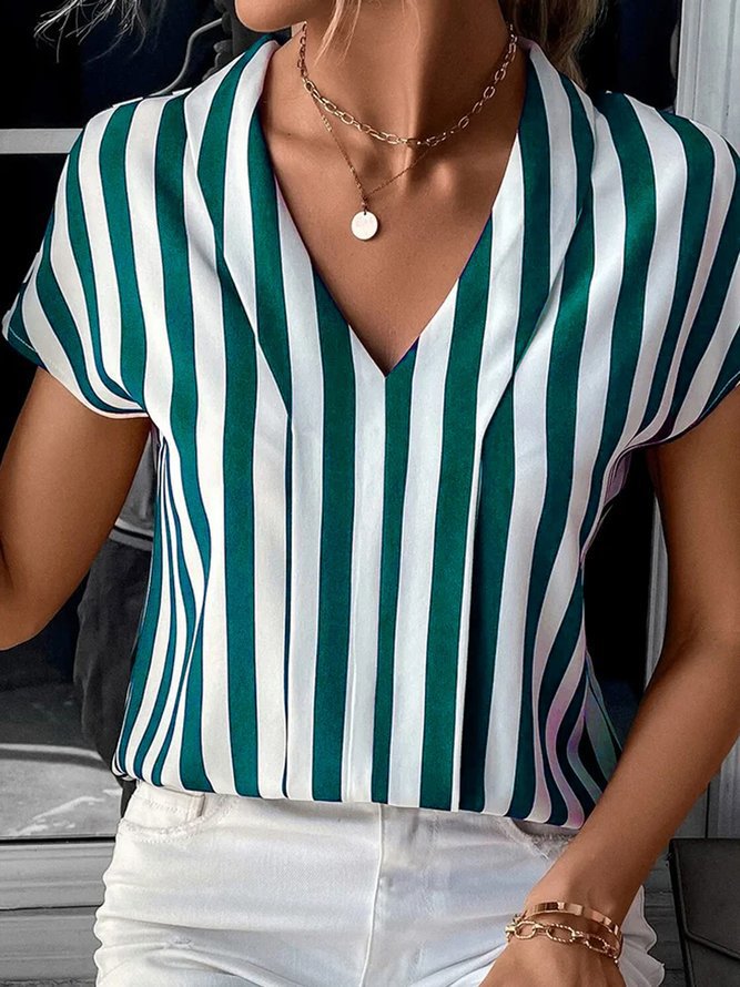 Relaxed Fit Casual Striped V-Neck Blouse