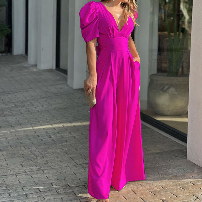Flattering Wide Leg Women's Jumpsuit with V Neckline