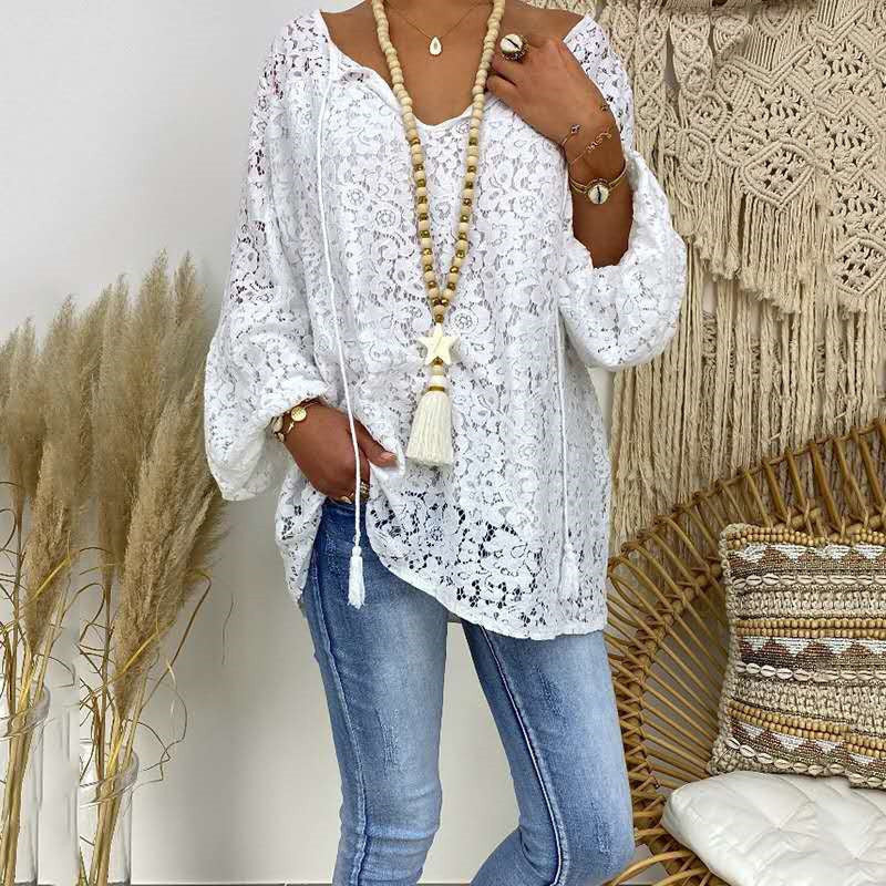 Loose Fit Women's Lace Blouse with V Neck and Ties - Nocini