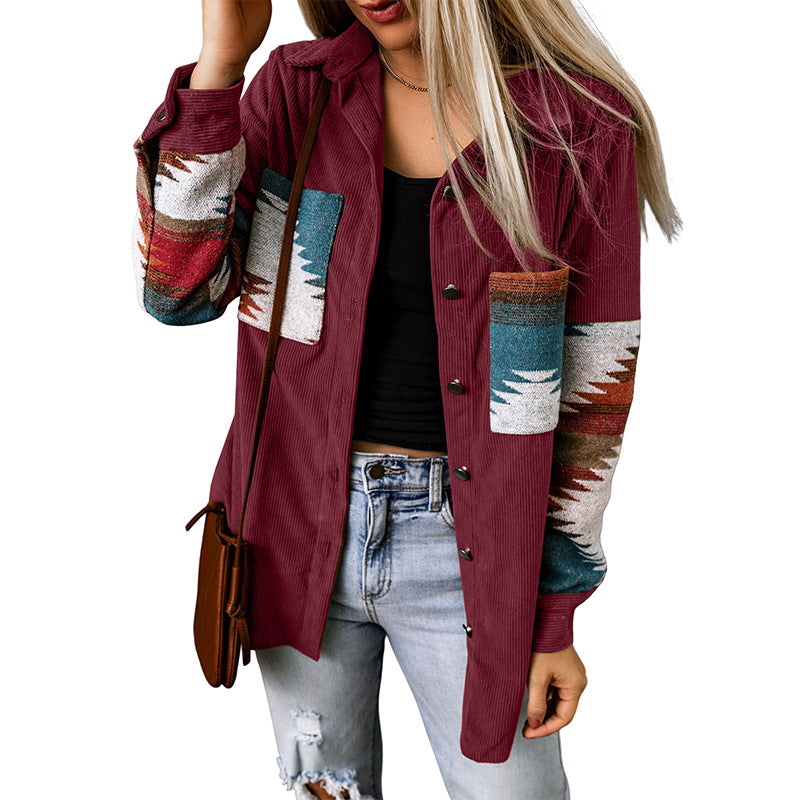 Casual Corduroy Aztec Cardigan Jacket for Women