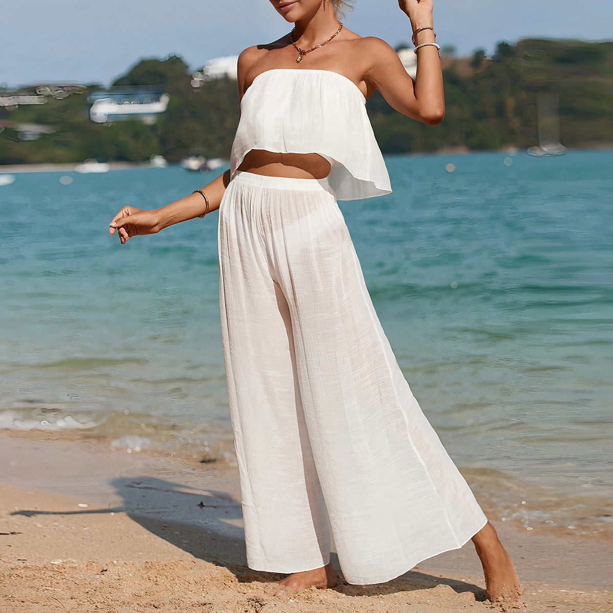 Comfy Women's 2-Piece Outfit Strapless Top Wide Leg Pants - Nocini