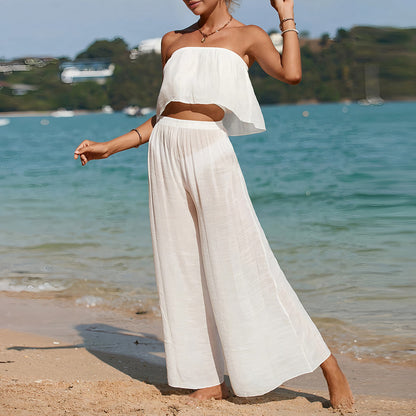 Comfy Women's 2-Piece Outfit Strapless Top Wide Leg Pants - Nocini
