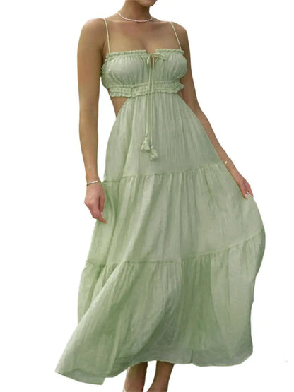 Loose Fit Maxi Dress with Layered Skirt and Open Back