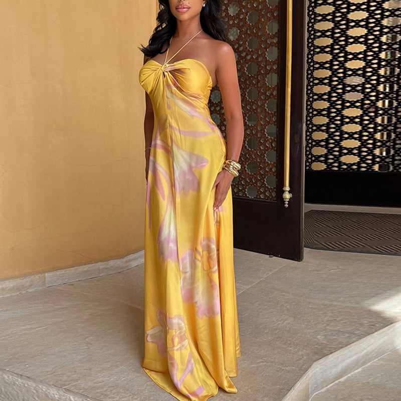 Ladies Satin Maxi Dress with Halter Neckline