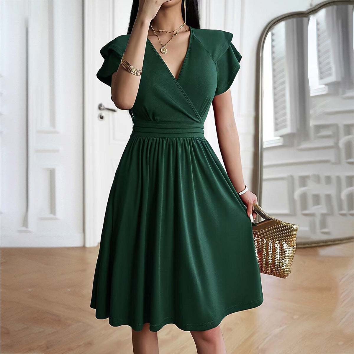Ladies V Neck Wrap Dress with Short Sleeves