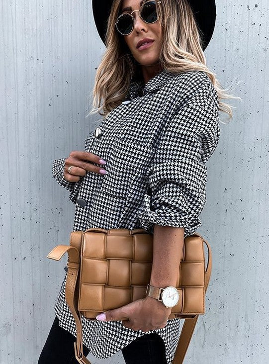 Classic Checked Wool Blend Mid Length Coat