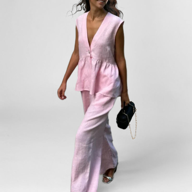 Women's Summer Jumpsuit Wide Leg V-Neck Design - Nocini