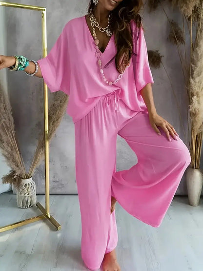 Comfortable Women's V-Neck Top and Loose Pants Set