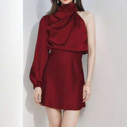 Women's Satin Mini Dress One Shoulder Long Sleeve Party