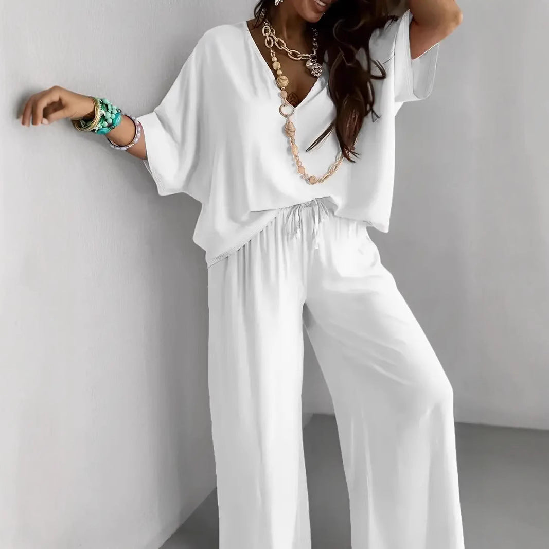 Comfortable Women's V-Neck Top and Loose Pants Set - Nocini