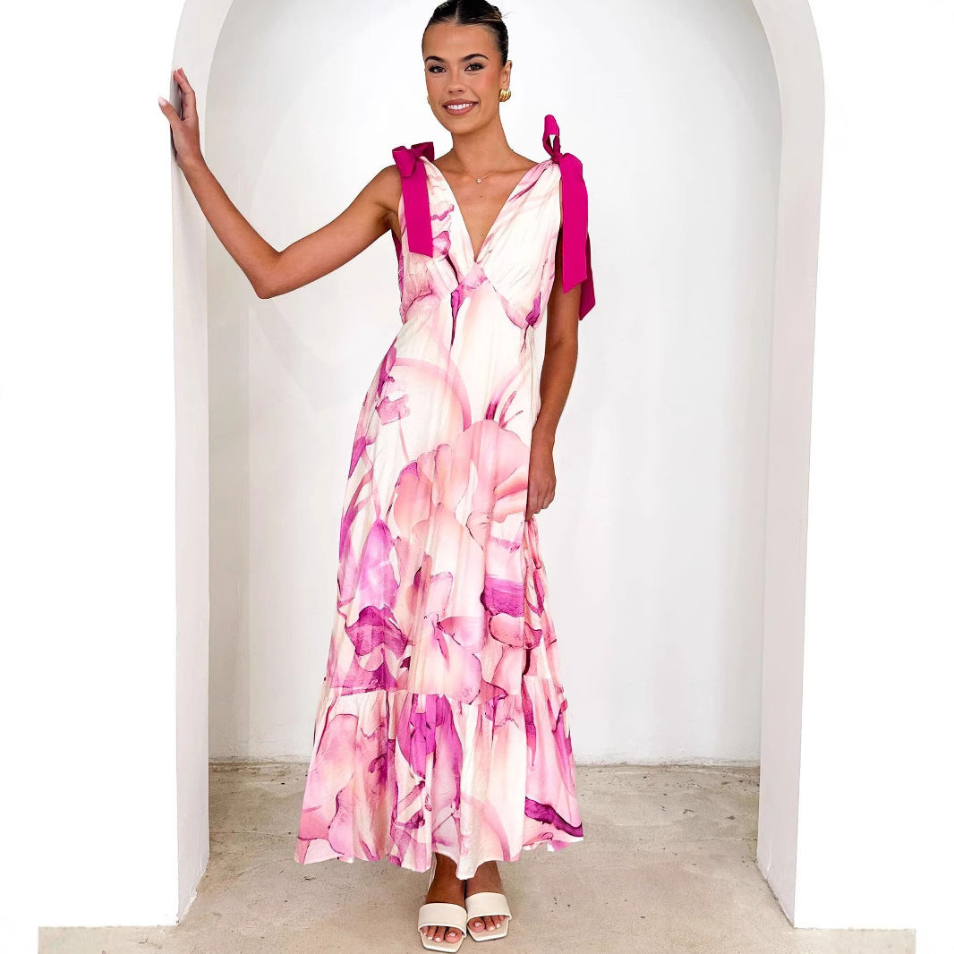 Loose Fit V-Neck Maxi Dress with Adjustable Waist