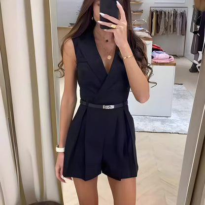 Women's Sleeveless Jumpsuit with Belted Waist and V Neck - Nocini