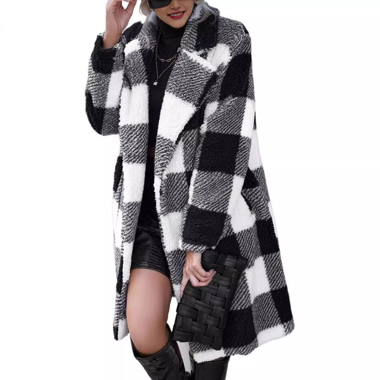 Warm Plush Checkered Winter Coat for Women - Nocini