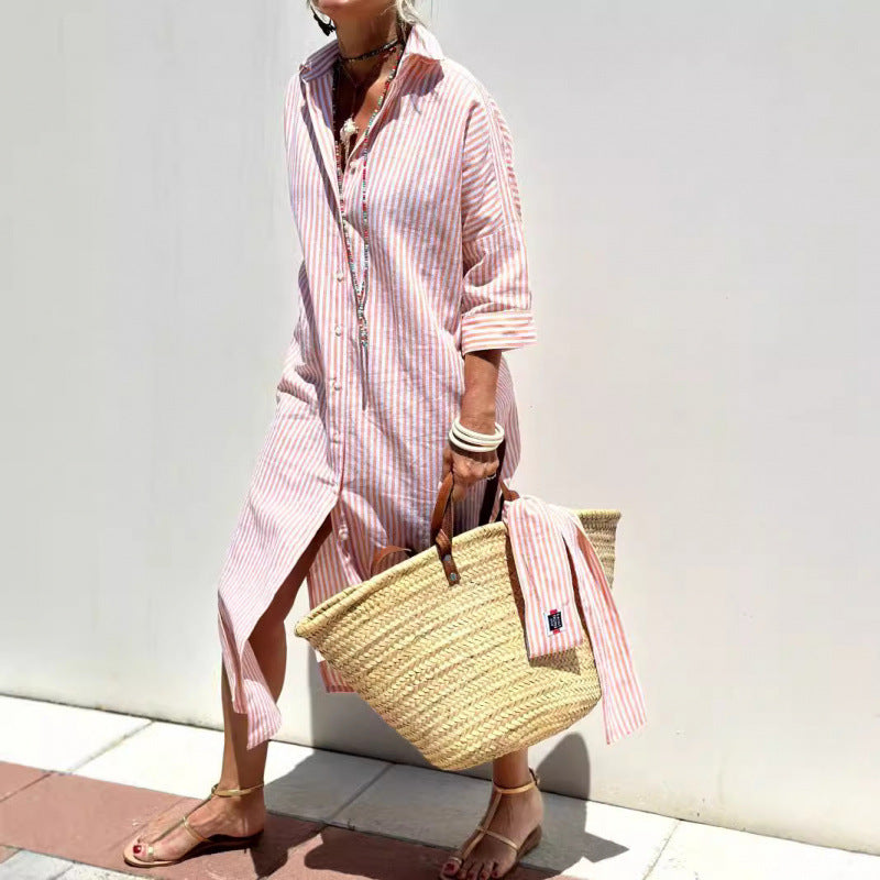 Casual Striped Button Dress for Women