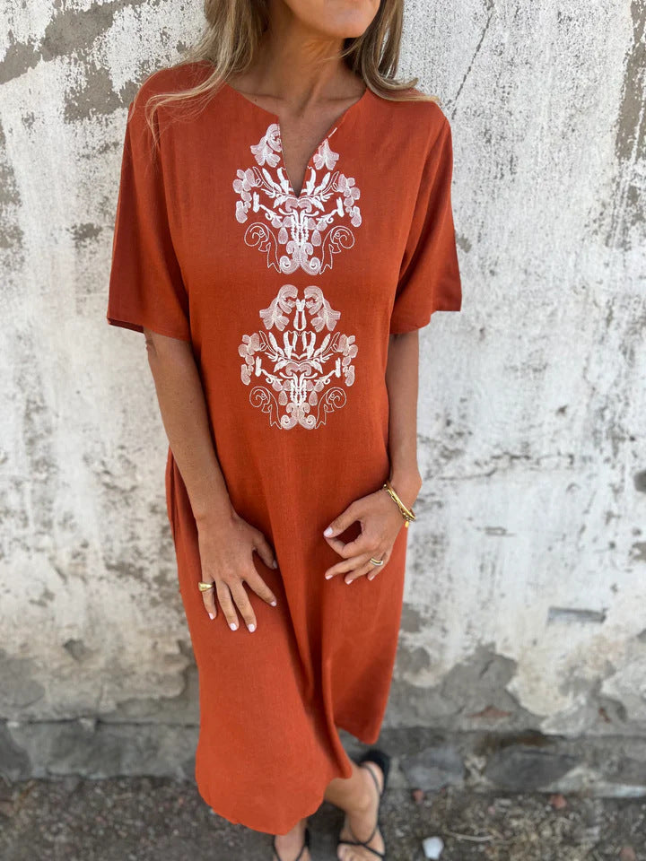 Casual Embroidered Short Sleeve Midi Dress