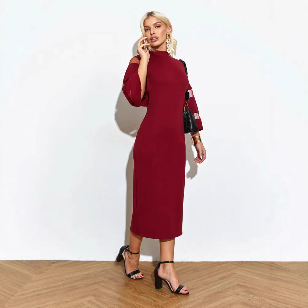 Elegant Women's Midi Dress with Ruffled Sleeves