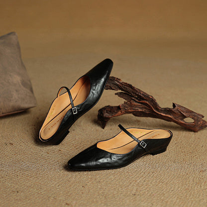 Ladies Slim Pointed-Toe Slip-On Shoes with Buckle Strap
