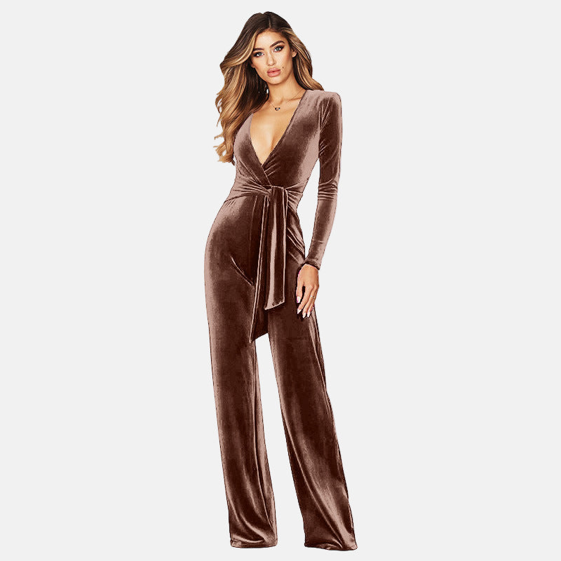 Ladies' Velvet Jumpsuit - V Neck Long Sleeve Wide Leg - Nocini