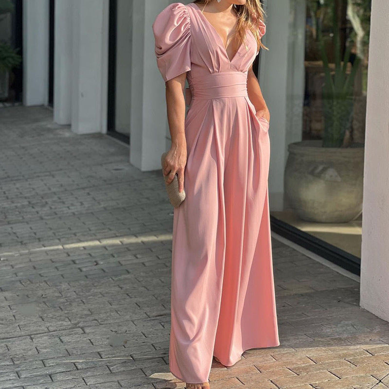 Flattering Wide Leg Women's Jumpsuit with V Neckline
