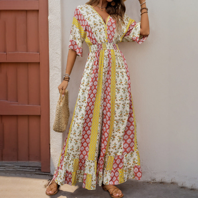 Women's Boho Chic Maxi Dress V Neck Elastic Waist - Nocini