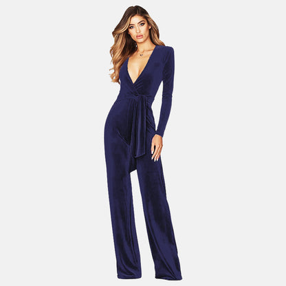 Ladies' Velvet Jumpsuit - V Neck Long Sleeve Wide Leg