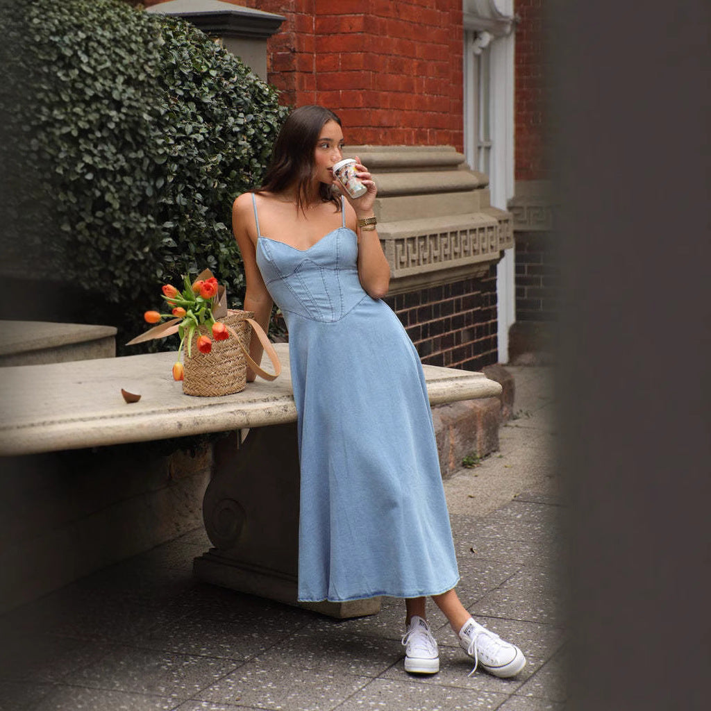 Women's Fitted Denim Midi Dress with Thin Straps
