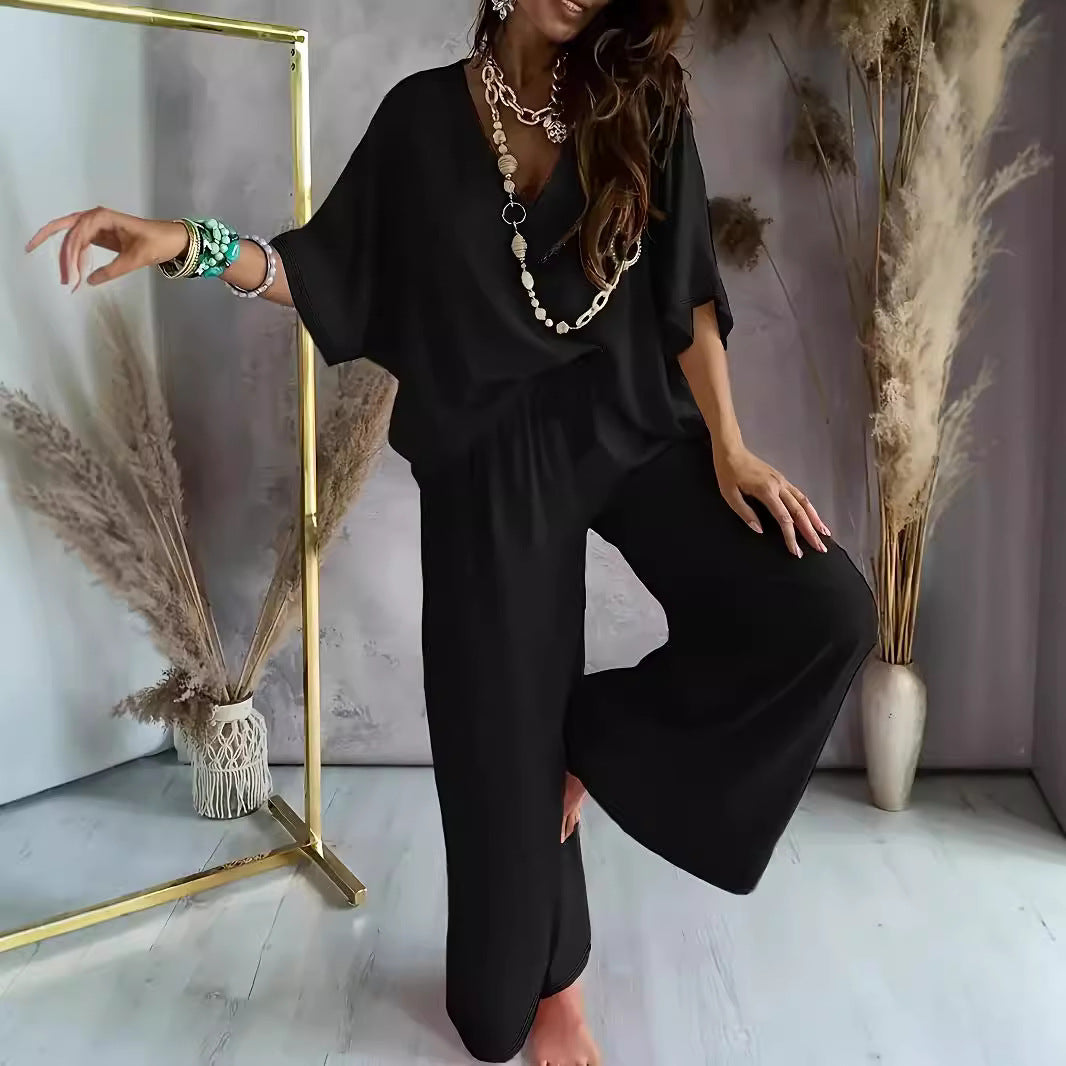 Ladies' Casual V-Neck Top and Loose Fit Pants Set