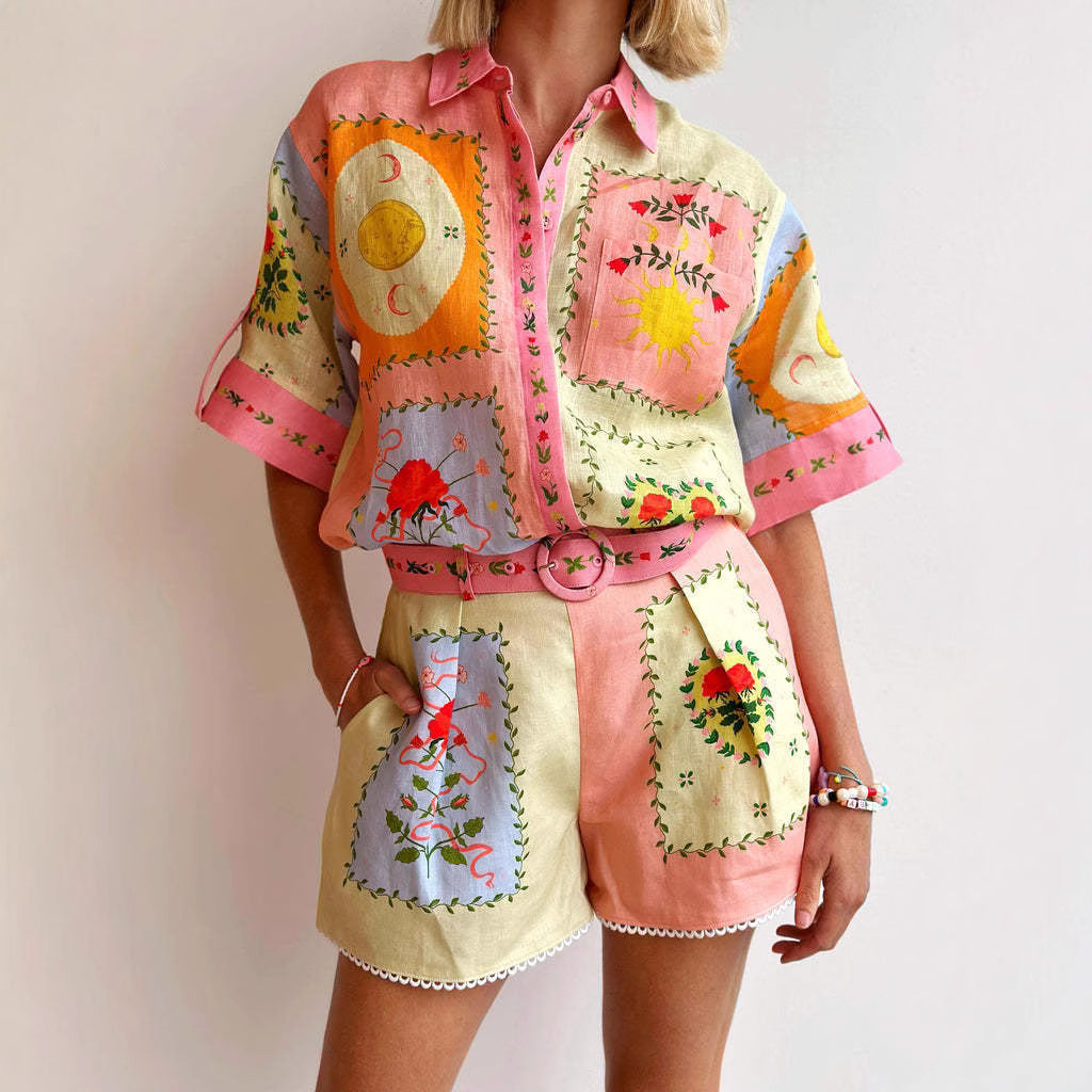 Ladies Linen Embroidered High Waisted Shorts Set - Nocini