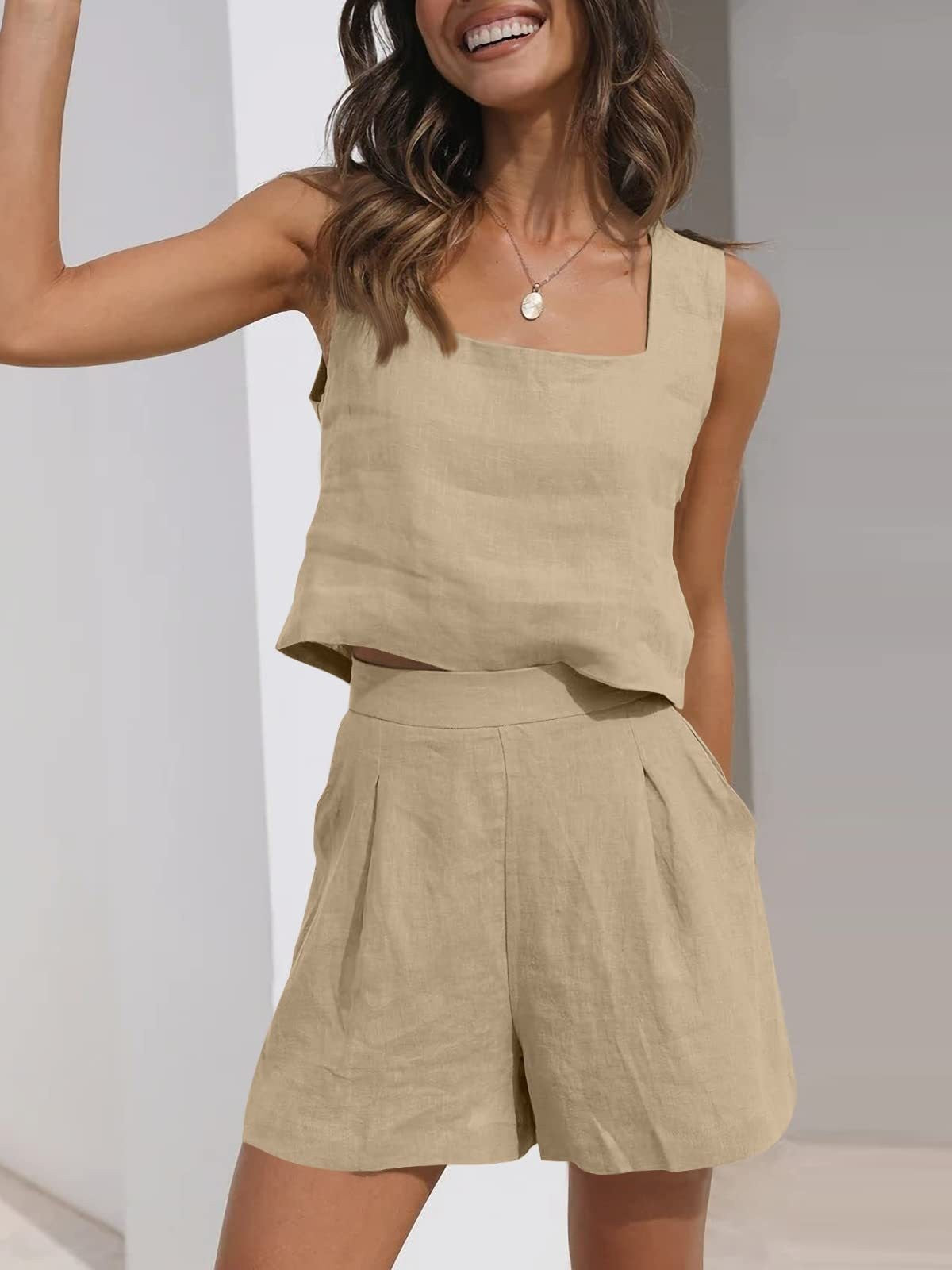 Relaxed Fit Linen Crop Top and Shorts Set