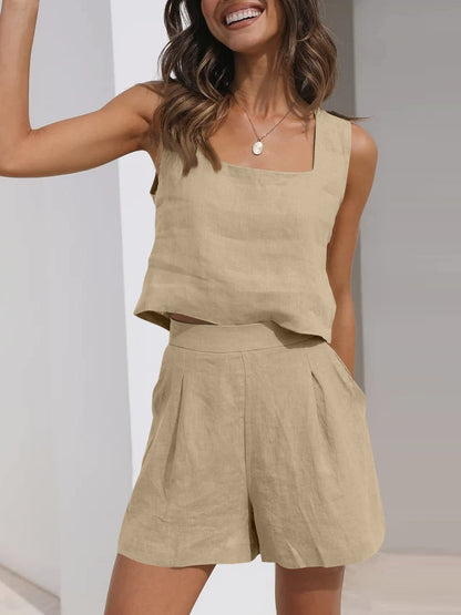 Relaxed Fit Linen Crop Top and Shorts Set