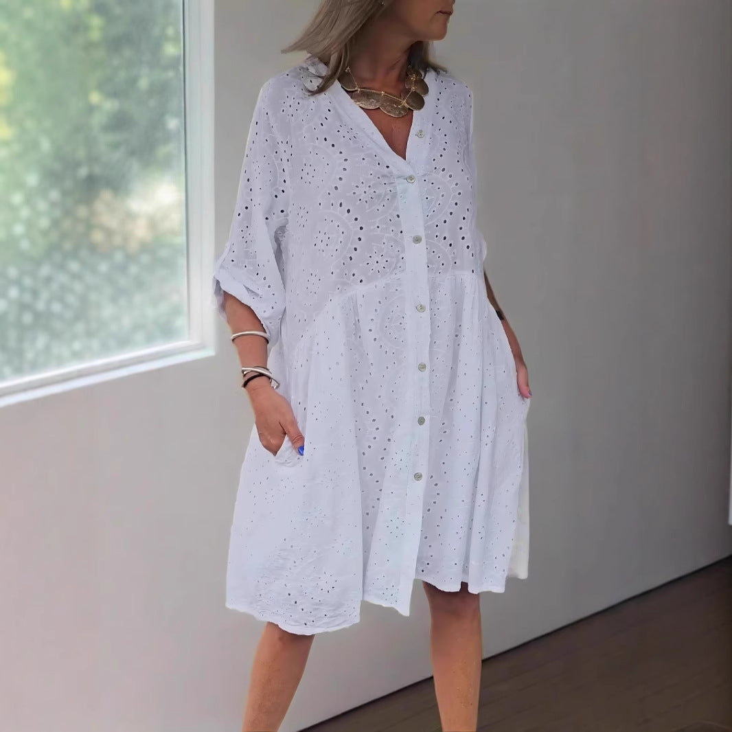 Casual Floral Midi Dress with V Neck and Pockets - Nocini