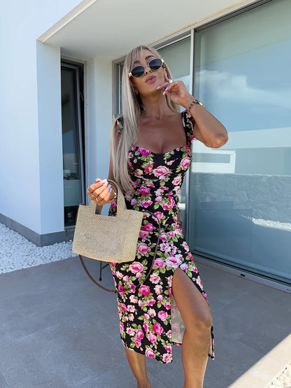 Feminine Floral Midi Dress with Ruffled Straps