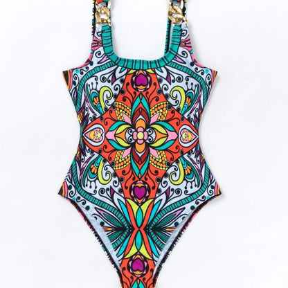 Trendy Halter Neck Print Swimwear with Metal Accent