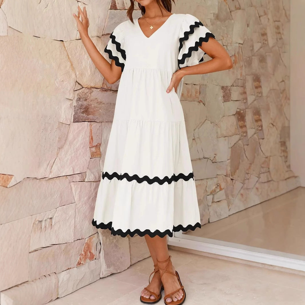 Casual V Neck Ruffle Sleeve Summer Dress