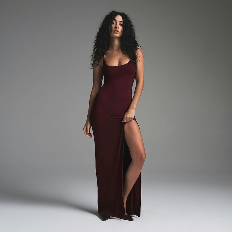Elegant Long Evening Dress with Thin Straps and Back Cutout - Nocini