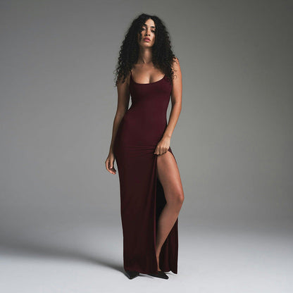 Elegant Long Evening Dress with Thin Straps and Back Cutout - Nocini