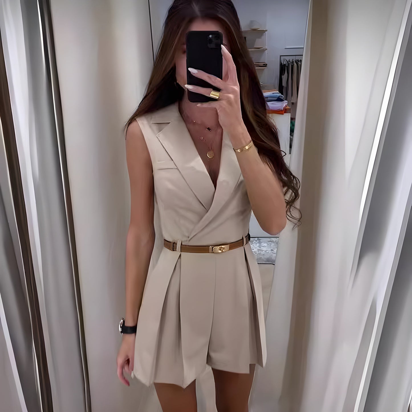 Women's Sleeveless Jumpsuit with Belted Waist and V Neck