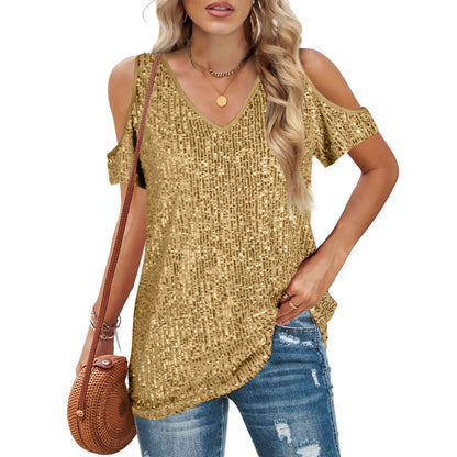 Casual V Neck Short Sleeve Sequin Women's Top