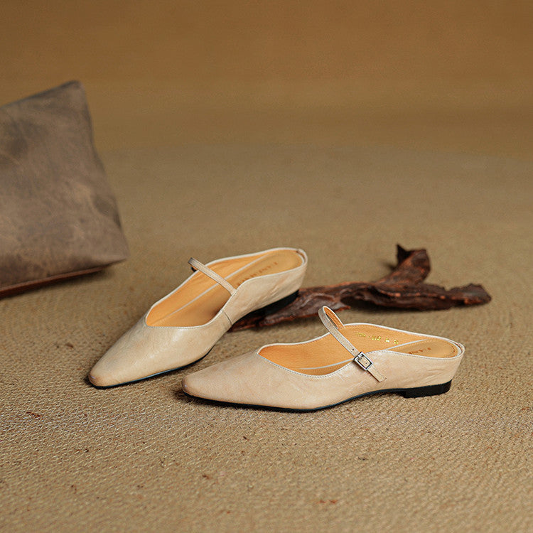 Ladies Slim Pointed-Toe Slip-On Shoes with Buckle Strap