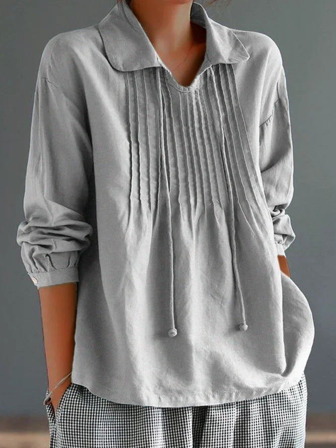 Casual Loose Fit Cotton Blouse with Pleats - Nocini